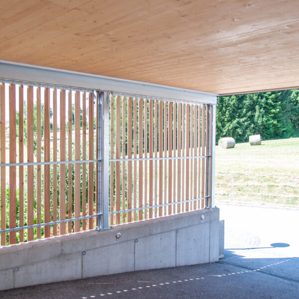 Carport mit Holzlamellenwand und Stahlträgern von innen fotografiert.