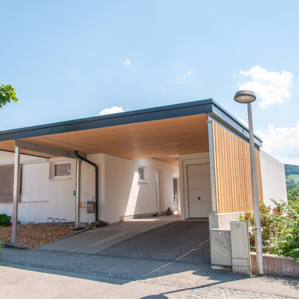 Carport mit Einfahrt, seitlicher Holzverkleidung und gepflegtem Vorgarten.